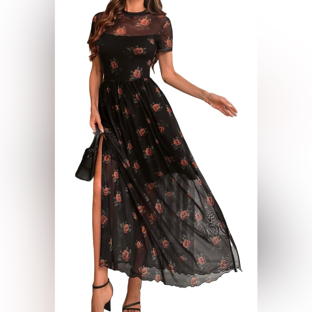 Floral Print Mesh Short-Sleeve Maxi Dress (XL)